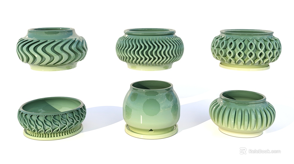 Decorative Green Ceramic Vessels With Various Textured Patterns And Unique Shapes 3d model 