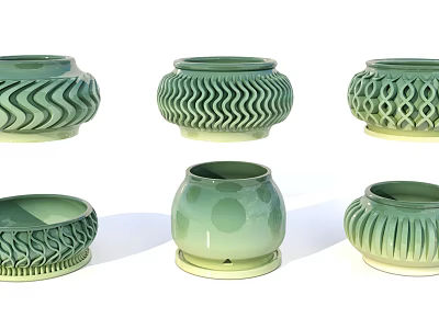 Decorative Green Ceramic Vessels With Various Textured Patterns And Unique Shapes 3d model