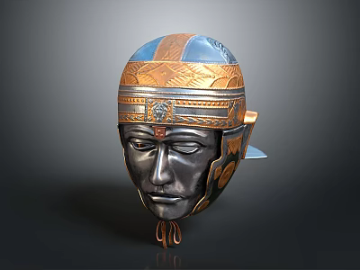 Ancient Warrior Helmet With Blue And Gold Intricate Carvings And Metal Construction 3d model