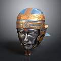 Ancient Warrior Helmet With Blue And Gold Intricate Carvings And Metal Construction