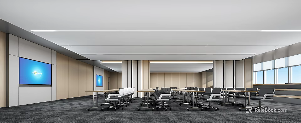 Modern Conference Room Interior With Long Table Chairs TV Screen And Wooden Wall Panels 3d model 