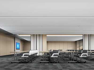 Modern Conference Room Interior With Long Table Chairs TV Screen And Wooden Wall Panels 3d model