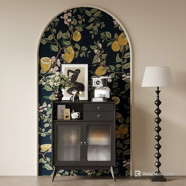 Elegant Interior Corner With Lemon Pattern Wallpaper Black Cabinet And Floor Lamp 3d model
