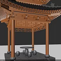 Traditional Chinese Pavilion Structure With Curved Roofs Wooden Pillars And Stone Base
