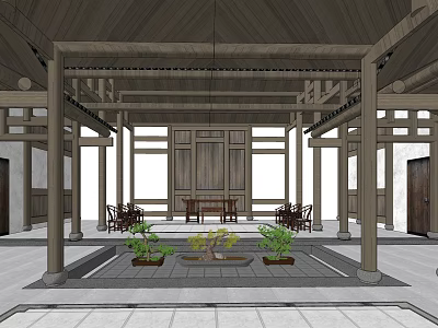 Ancient Architecture Interior With Traditional Wooden Beams Columns And Potted Plants 3d model
