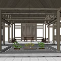 Ancient Architecture Interior With Traditional Wooden Beams Columns And Potted Plants