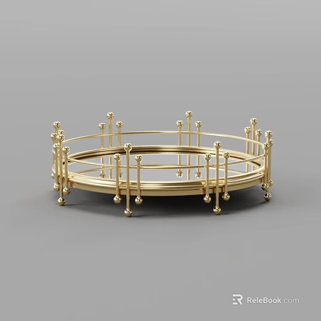 Golden Circular Metal Decorative Tray With Small Pillars And Spherical Accents 3d model 