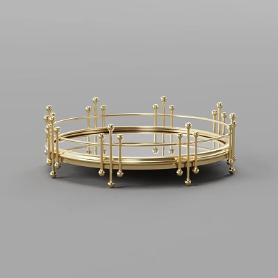 Golden Circular Metal Decorative Tray With Small Pillars And Spherical Accents 3d model
