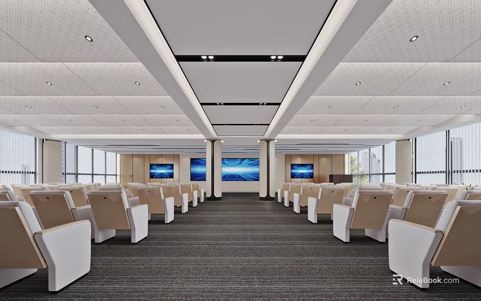 Modern Conference Room Interior With Rows Of Seats Large Screens Windows And Ceiling Design 3d model 