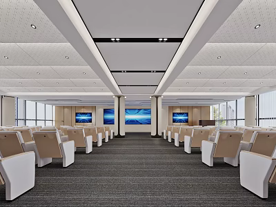 Modern Conference Room Interior With Rows Of Seats Large Screens Windows And Ceiling Design 3d model