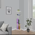 Multi tiered Corner Storage Shelf in Living Room with Green Plants and Organized Items