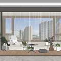 Home Balcony Design With White Hanging Chair Green Plants Small Coffee Table And City View