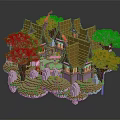 Cartoon Lego Scene With Traditional Buildings Brown Roofs Green Trees White Statues And Courtyard