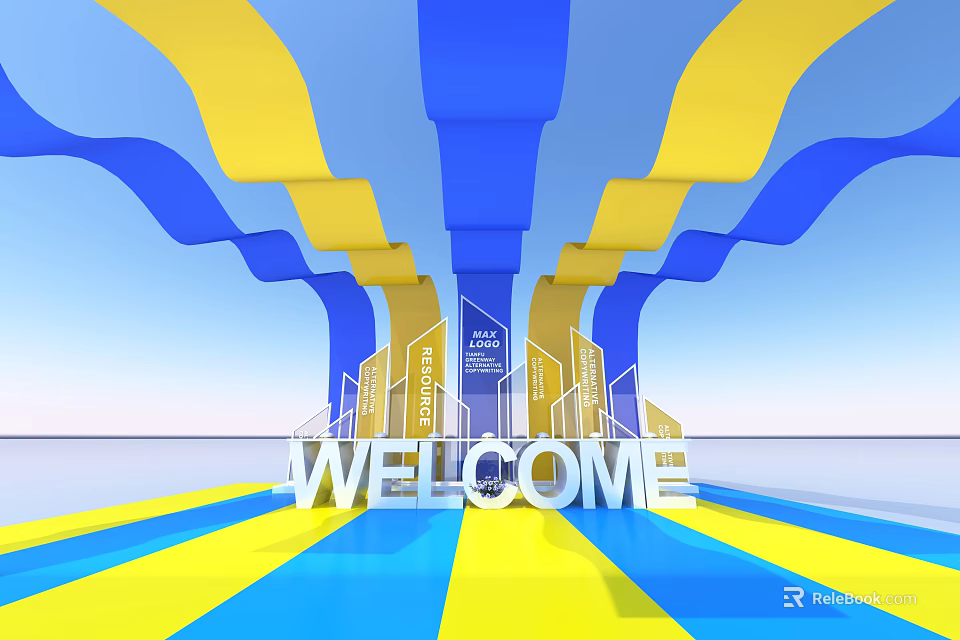 Popular Photo Spot With Blue Yellow Wave Decorations WELCOME Sign And Striped Floor 3d model 