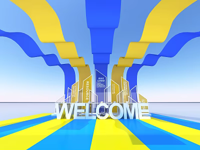 Popular Photo Spot With Blue Yellow Wave Decorations WELCOME Sign And Striped Floor 3d model