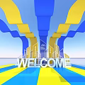 Popular Photo Spot With Blue Yellow Wave Decorations WELCOME Sign And Striped Floor