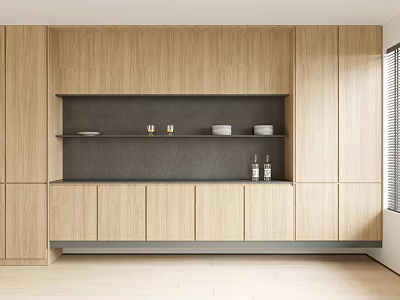 Modern Wooden Sideboard With Light Wood Cabinets Dark Shelves Plates Glasses And Bottles 3d model