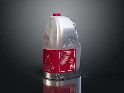 Household Cleaning Product Silver Plastic Container With Red Cap And Caution Label 3d model