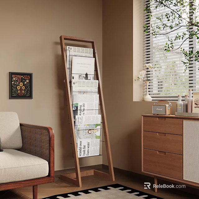 Wooden Ladder Shelf Holding Newspapers In Cozy Living Room With Sofa Cabinet And Green Plant 3d model 