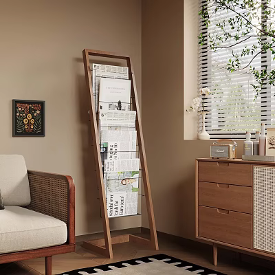 Wooden Ladder Shelf Holding Newspapers In Cozy Living Room With Sofa Cabinet And Green Plant 3d model