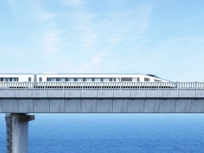 Modern High Speed Train Moving Over Sea Bridge Under Clear Blue Sky 3d model