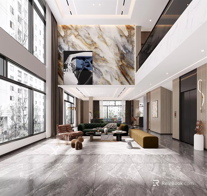Spacious Living and Dining Room With Marble Wall Floor to Ceiling Windows and Modern Furniture 3d model 