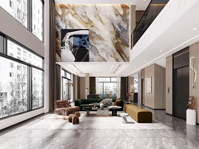 Spacious Living and Dining Room With Marble Wall Floor to Ceiling Windows and Modern Furniture 3d model