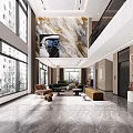 Spacious Living and Dining Room With Marble Wall Floor to Ceiling Windows and Modern Furniture
