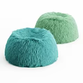 Soft Round Teal And Light Green Furry Poufs For Living Room Decor