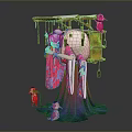 Traditional Female Sculpture in Pink Purple Robe with Hanging Lanterns and Small Pink Figures