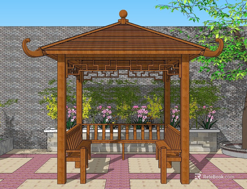 Traditional Wooden Pavilion with Bench Green Plants and Brick Wall Background 3d model 
