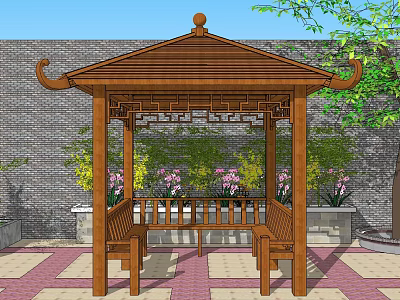 Traditional Wooden Pavilion with Bench Green Plants and Brick Wall Background 3d model