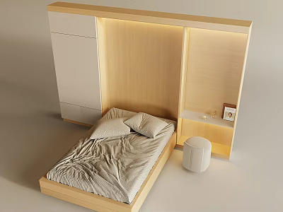 Minimalist Bedroom With Wooden Backdrop Bed Linen White Cabinets Round Stool And Shelf 3d model