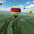 Colorful Hot Air Balloons As Amusement Equipment Flying Over Green Fields With Trees And Roads