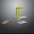 Yellow Robotic Arm System Handling Metal Tubes And Wooden Pallet