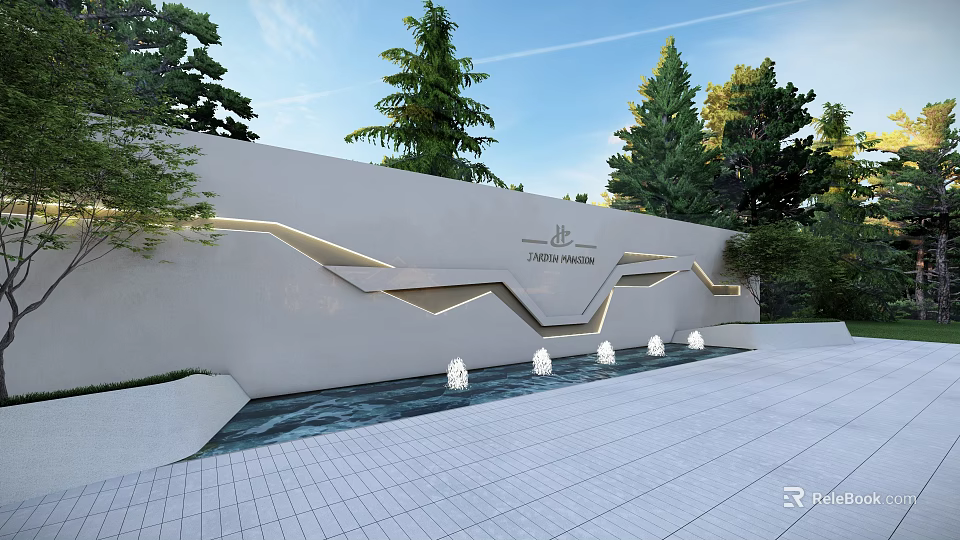 Modern Garden Landscape Design With Decorative Wall Water Feature And Trees 3d model 