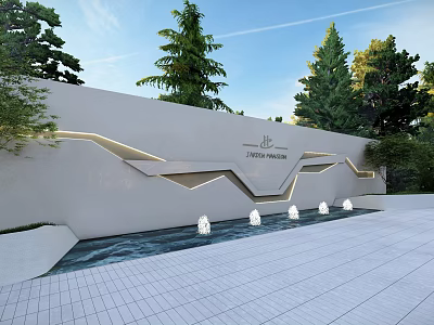 Modern Garden Landscape Design With Decorative Wall Water Feature And Trees 3d model