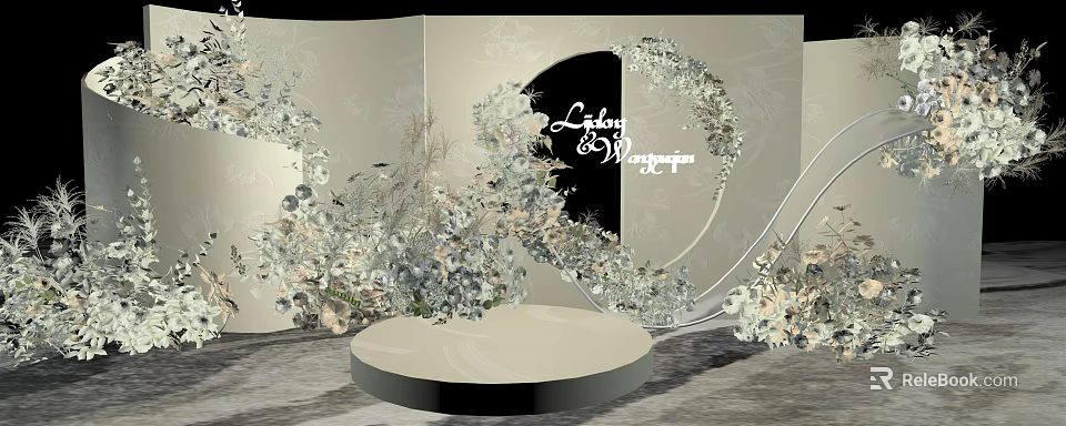 Elegant Wedding Decor Setup With Floral Arrangements Circular Backdrop And White Platform 3d model