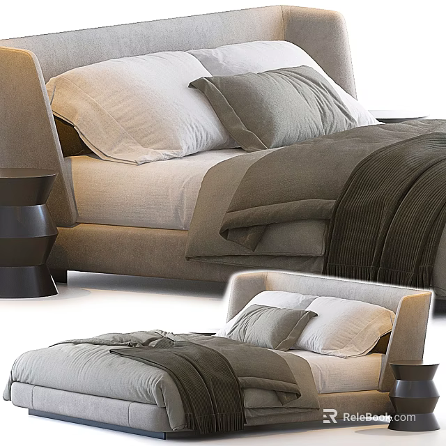 Elegant Modern Double Bed Upholstered Headboard Neutral Linen Bedding Gray White Pillows Side Table 3d model 