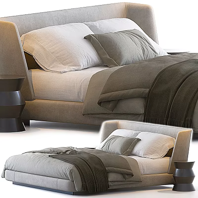 Elegant Modern Double Bed Upholstered Headboard Neutral Linen Bedding Gray White Pillows Side Table 3d model