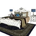 Classic Double Bed with Carved Headboard Pillows on Patterned Rug and Nightstands with Table Lamps