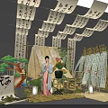 Traditional Chinese Cultural Display with Hanging Calligraphy Scrolls Ancient Costume Figure Pine Lanterns Bamboo Structure