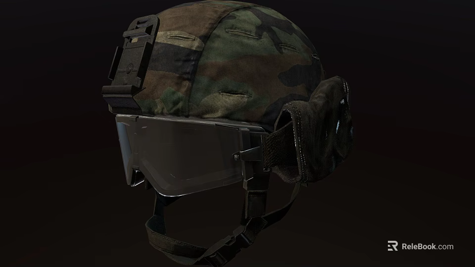 Camouflage Military Tactical Helmet With Transparent Visor And Adjustable Chin Straps 3d model 