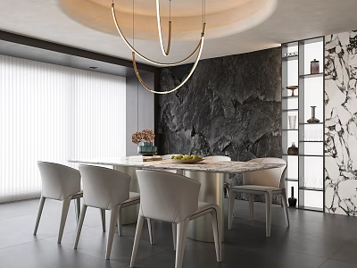 Modern Dining Table Set with White Chairs Gold Chandelier Dark Stone Wall and Marble Shelves 3d model