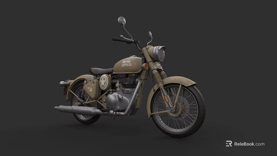 Royal Enfield Khaki Vintage Motorcycle With Round Headlight Black Seat And Chrome Details 3d model 
