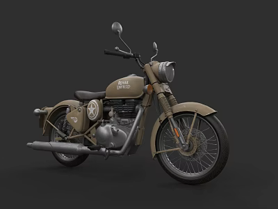 Royal Enfield Khaki Vintage Motorcycle With Round Headlight Black Seat And Chrome Details 3d model
