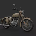 Royal Enfield Khaki Vintage Motorcycle With Round Headlight Black Seat And Chrome Details
