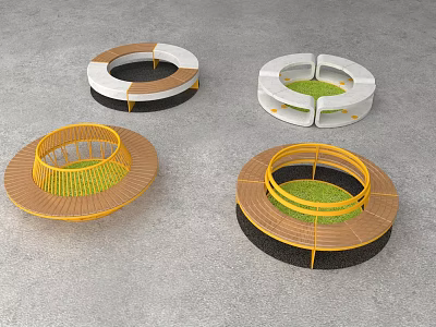 Outdoor Garden Ornaments With Circular Design Wooden Metal And Green Plants 3d model