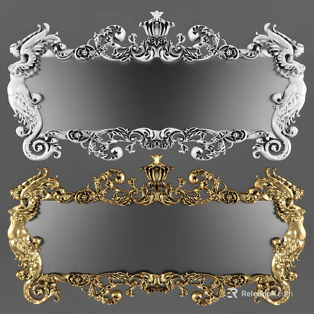 Elegant Gold And Silver Decorative Mirrors With Ornate Carved Frames And Intricate Patterns 3d model 