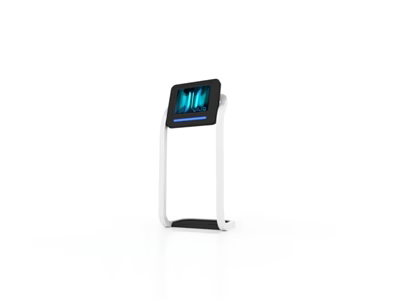 Modern Standing Digital Kiosk With White Stand And Blue Screen Interface 3d model
